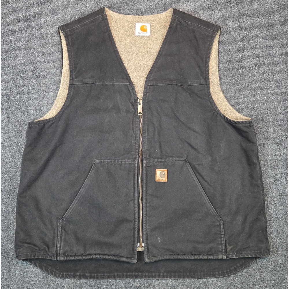 Carhartt Mens Sherpa Lined Canvas Work Vest Black V02 BLK V-Neck Zip Up Large